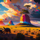 Colorful Mesa Formations and Stylized Elephants in Desert Landscape