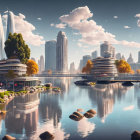 Modern cityscape with river, greenery, boats, and walkways under clear sky