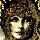 Woman with Golden Makeup and Leaf Headpiece on Soft-focus Background