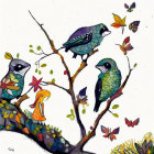 Colorful Birds Perched on Blossoming Tree Branches Illustration