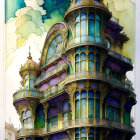 Whimsical Victorian building illustration with blue and purple hues