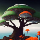 Surreal landscape: oversized mushrooms, globe-like plants, crescent moon