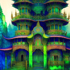 Fantastical multi-tiered pagoda in vibrant greens and blues in mystical forest.