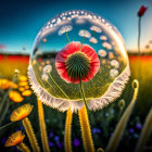 Soap bubble reflecting red poppy and dandelions in field of poppies at sunset