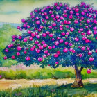 Vibrant tree with purple fruits in watercolor painting