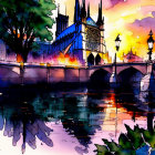 Colorful watercolor sunset scene with bridge, cathedral, and reflections.