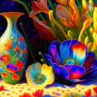 Colorful floral digital artwork with decorated vase and poppies on dark background