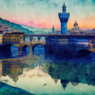 Vibrant Sunset Skyline Illustration of Florence with Ponte Vecchio Bridge