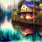 Whimsical watercolor fantasy illustration of houses on a calm lake