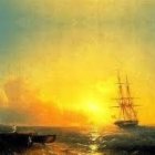 Sailing ships on turbulent seas at golden sunset