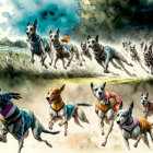 Colorful animated dogs running in dynamic cloudy background