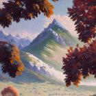 Purple Trees, Village, Hills, Snow-Capped Mountains in Idyllic Landscape