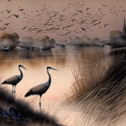 Tranquil lakeside scene with cranes, birds in flight, reeds, and water l