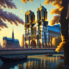 Illustration of Notre-Dame Cathedral at sunset with autumn trees and calm waters