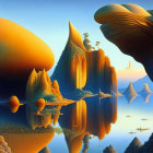 Vibrant surreal landscape with mirror-like water and orange structures