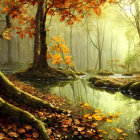 Sunlit autumn forest with mist and serene creek in orange foliage