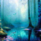 Mystical forest with blue butterflies, tranquil pond, and sunlight filtering through misty atmosphere