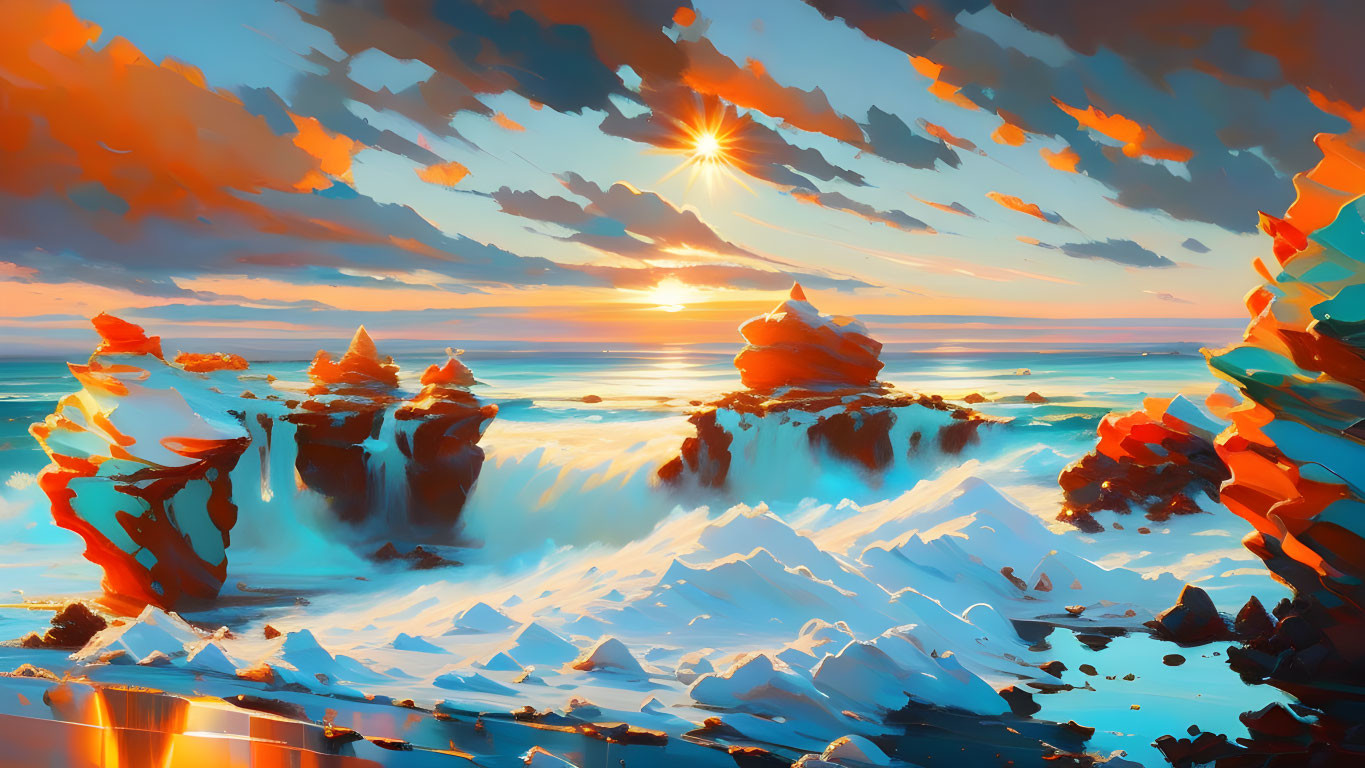 Surreal landscape digital artwork with fiery clouds and rock formations