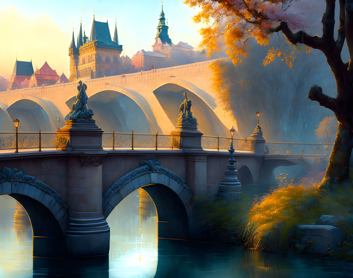 Grand stone bridge over calm river with castle in warm light