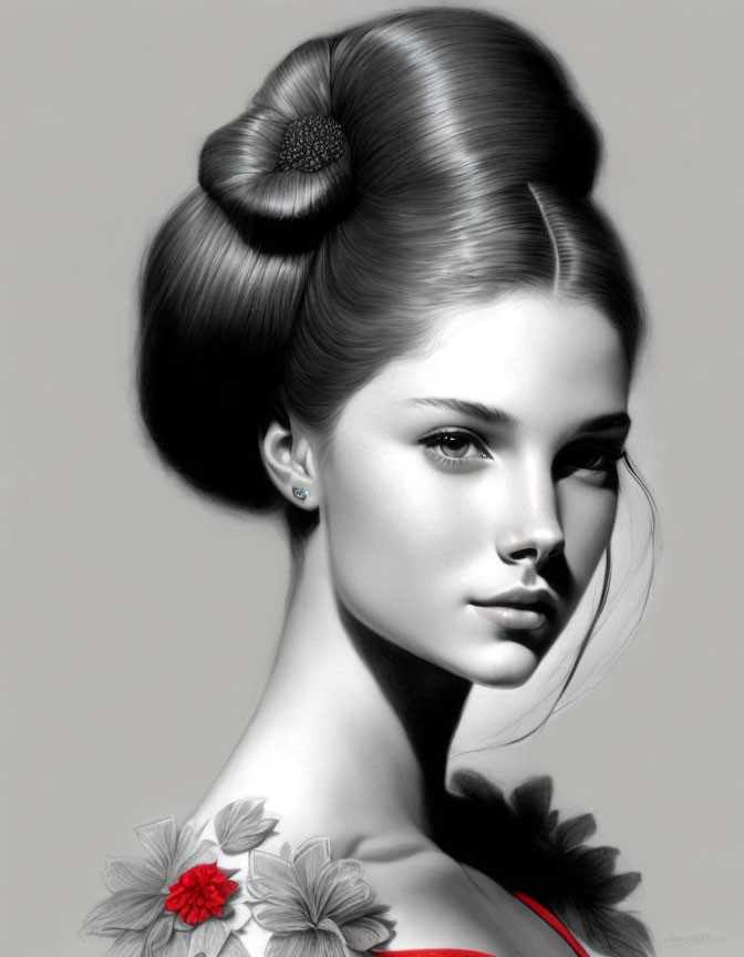 Monochrome illustration of woman with updo hairstyle and floral accents