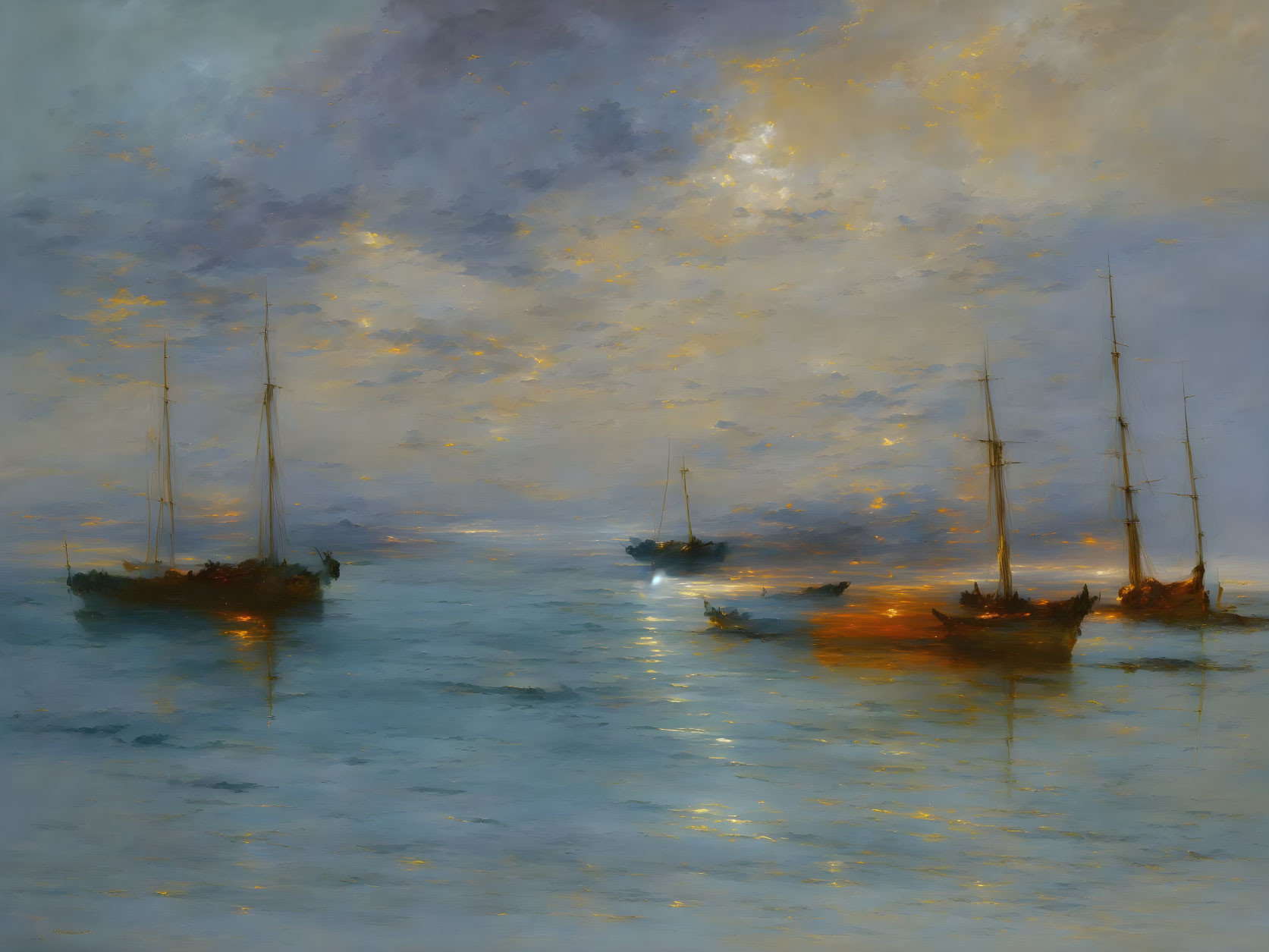 Tranquil sea oil painting: sailing ships, moonlit sky