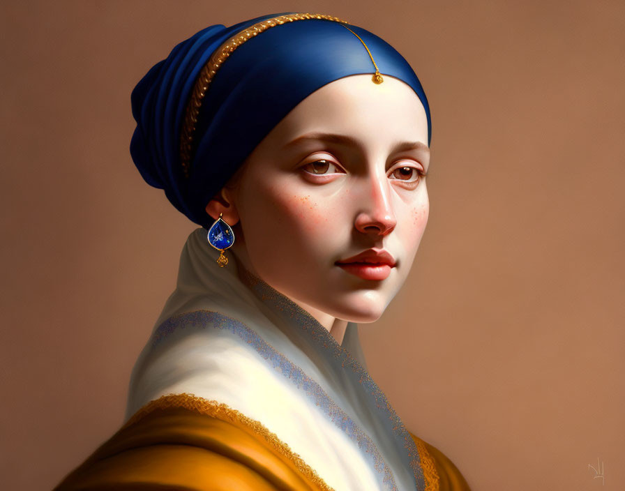 Serene woman portrait in blue headscarf and gold trim