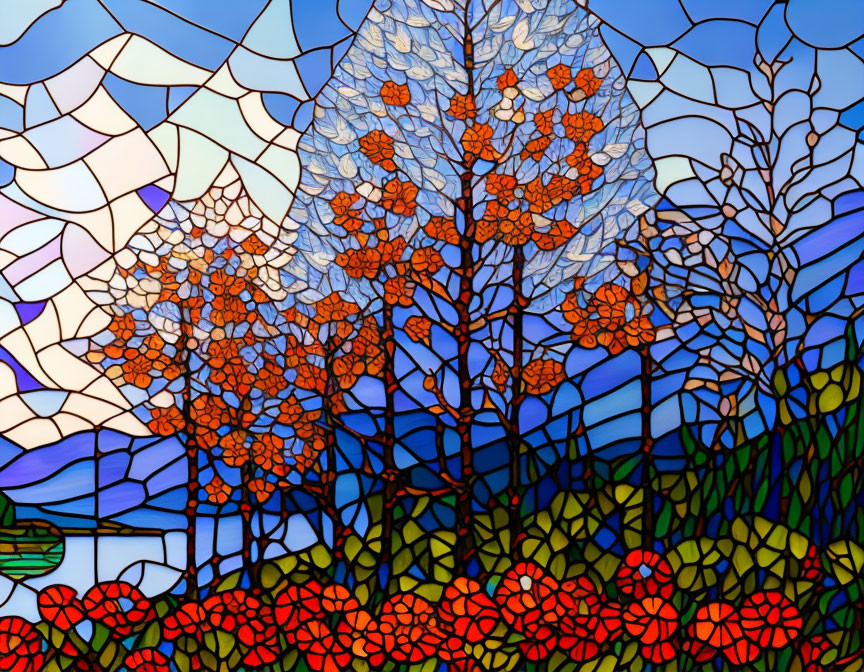 Colorful Stained Glass Image of Red Trees on Blue Sky Background