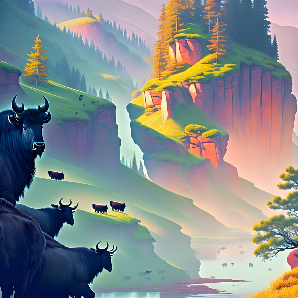 Vibrant digital artwork: Yaks in mountain landscape with waterfalls