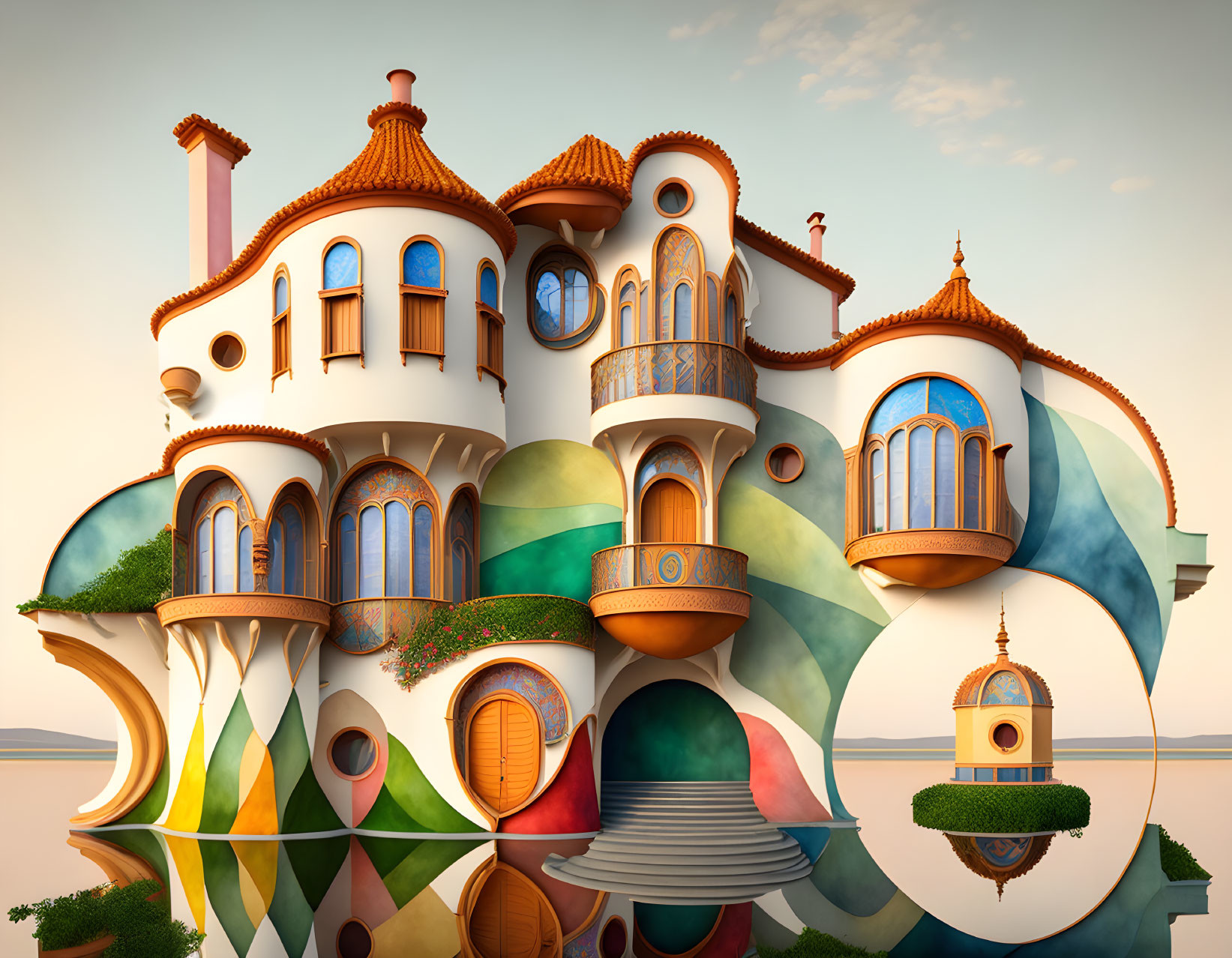 Colorful Surreal House with Swirling Patterns and Towers