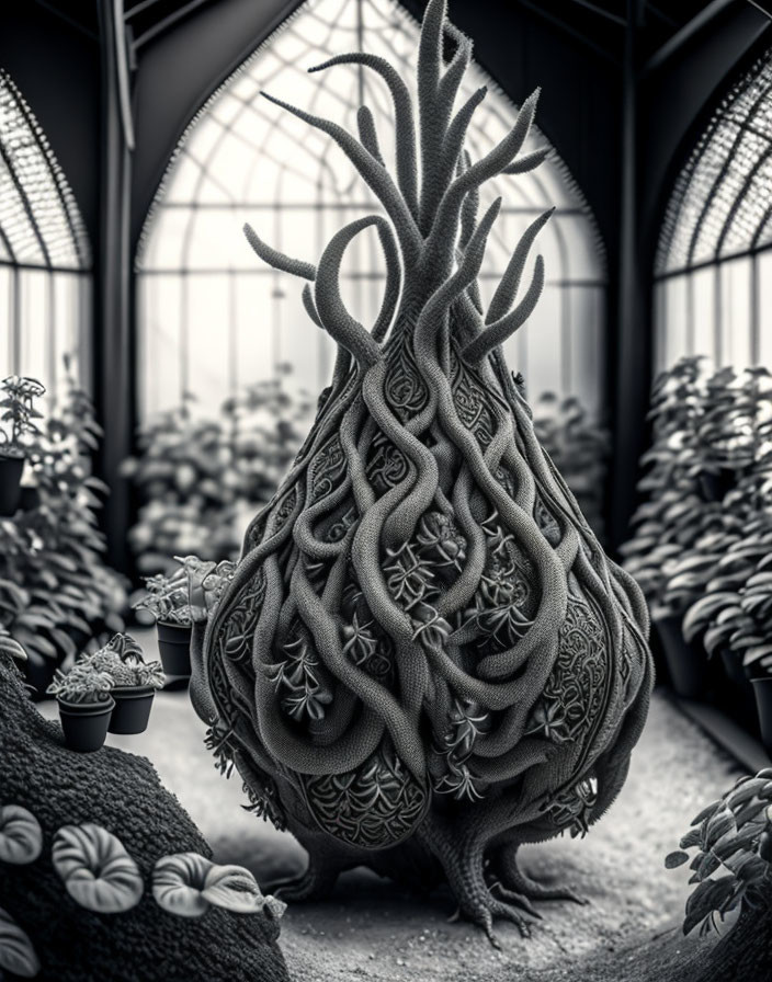 Detailed surreal plant sculpture in greenhouse setting