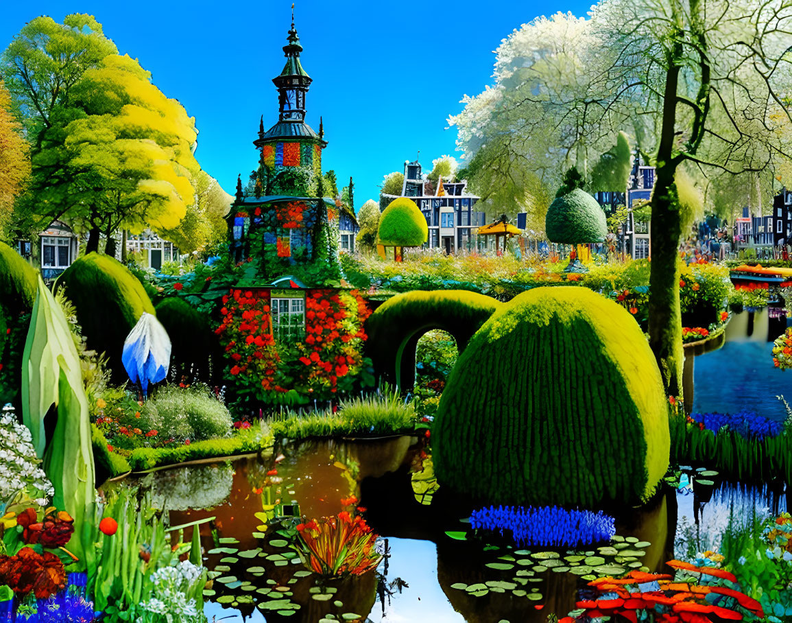 Sculpted shrubs, colorful flowerbed, tower, pond in vibrant garden