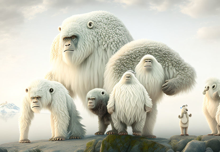 Whimsical furry yeti-like creatures on rocky terrain