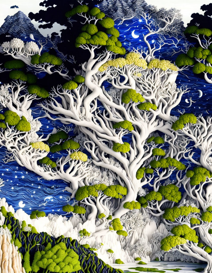 Surreal landscape with intertwined white branches above blue and white backdrop