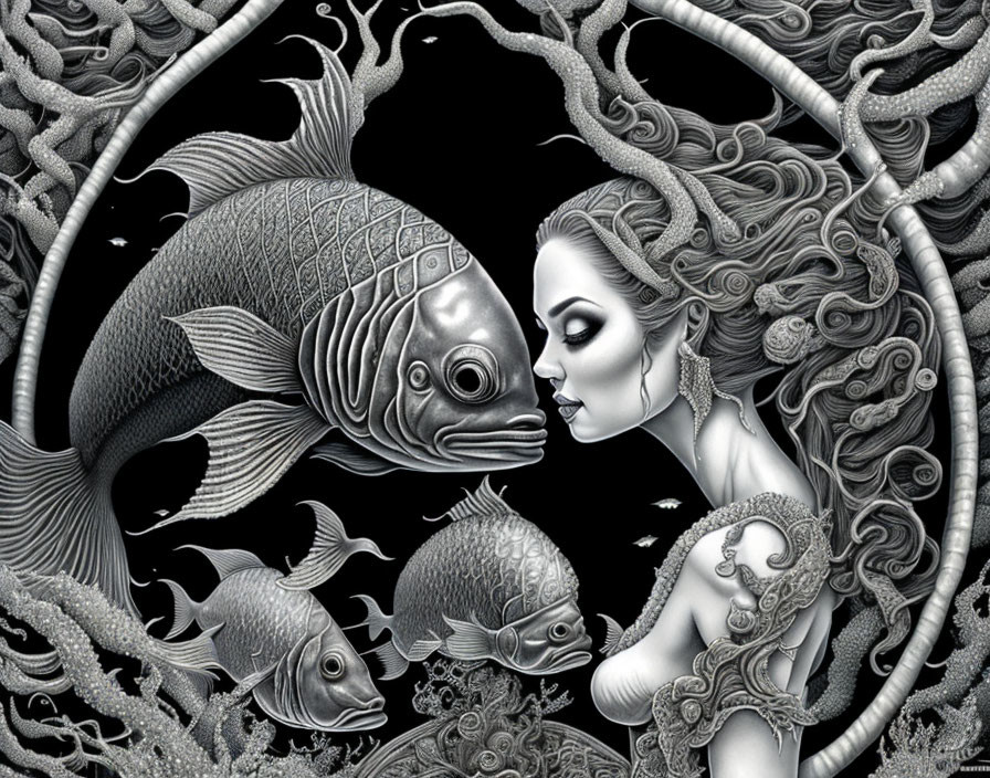 Black and white surreal illustration of woman with intricate hair meeting large fish in aquatic setting