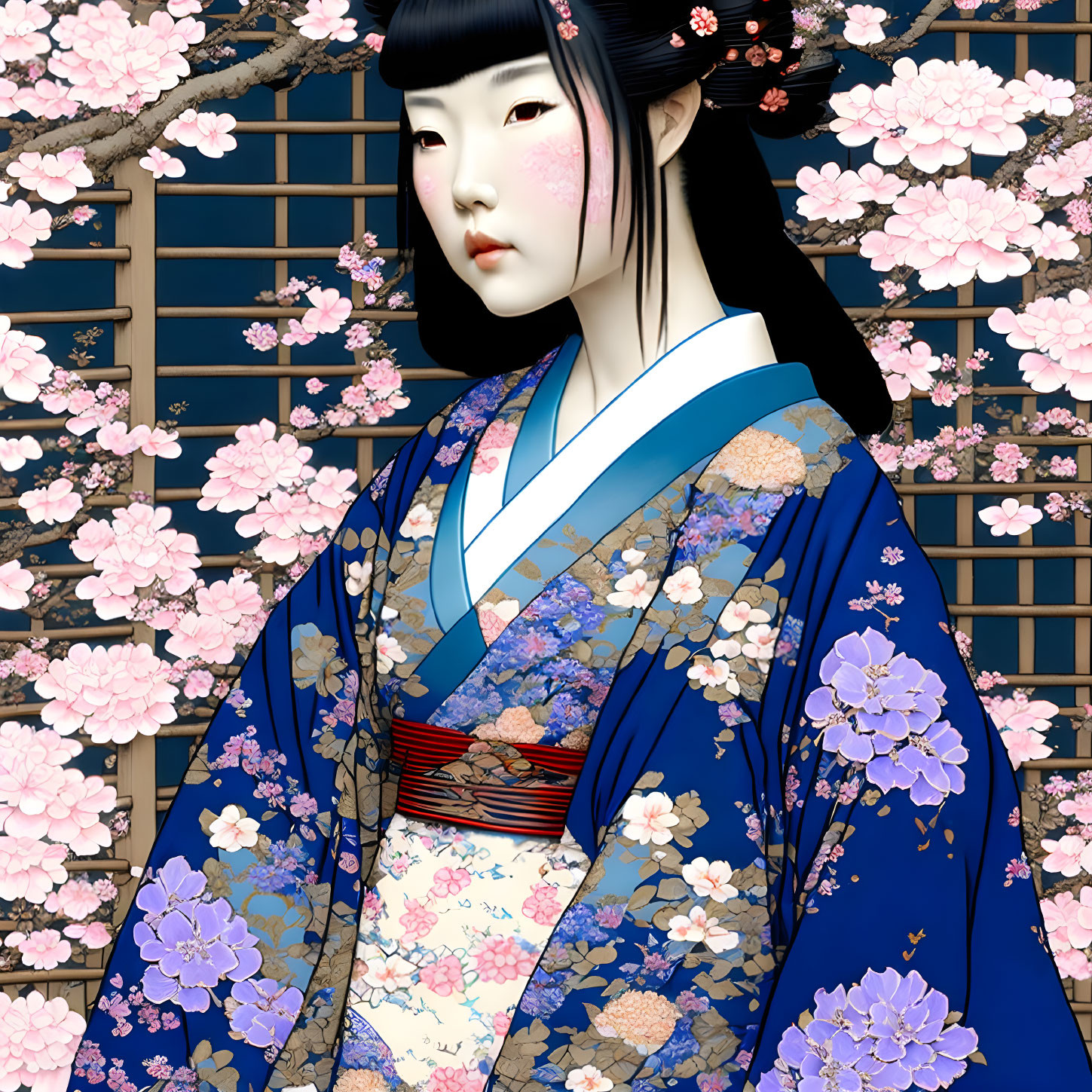 Woman in Blue Kimono Surrounded by Cherry Blossoms