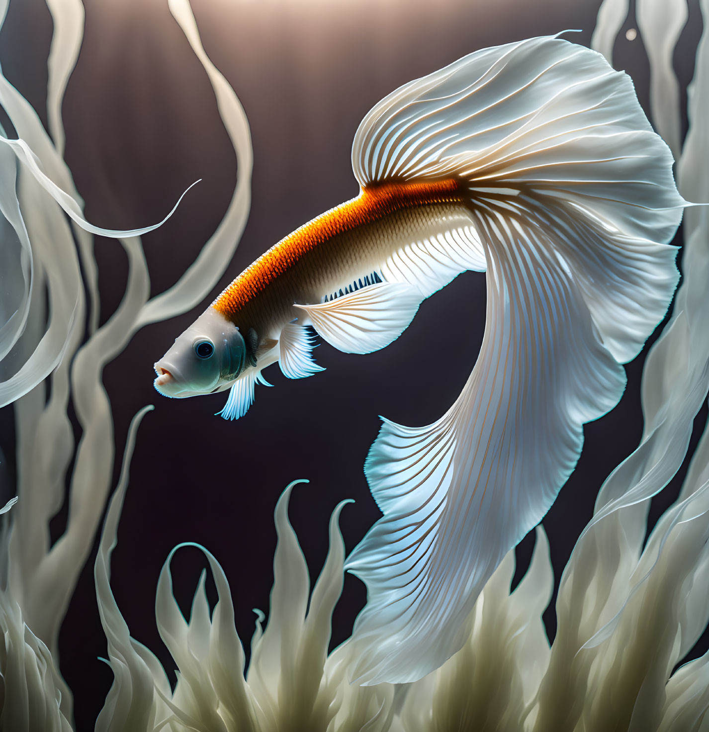 Colorful Betta Fish with White Fins and Orange Body Among Underwater Plants