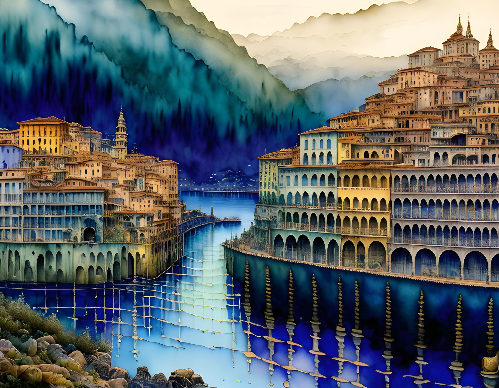 Fantasy cityscape with classical buildings, river, and misty mountains