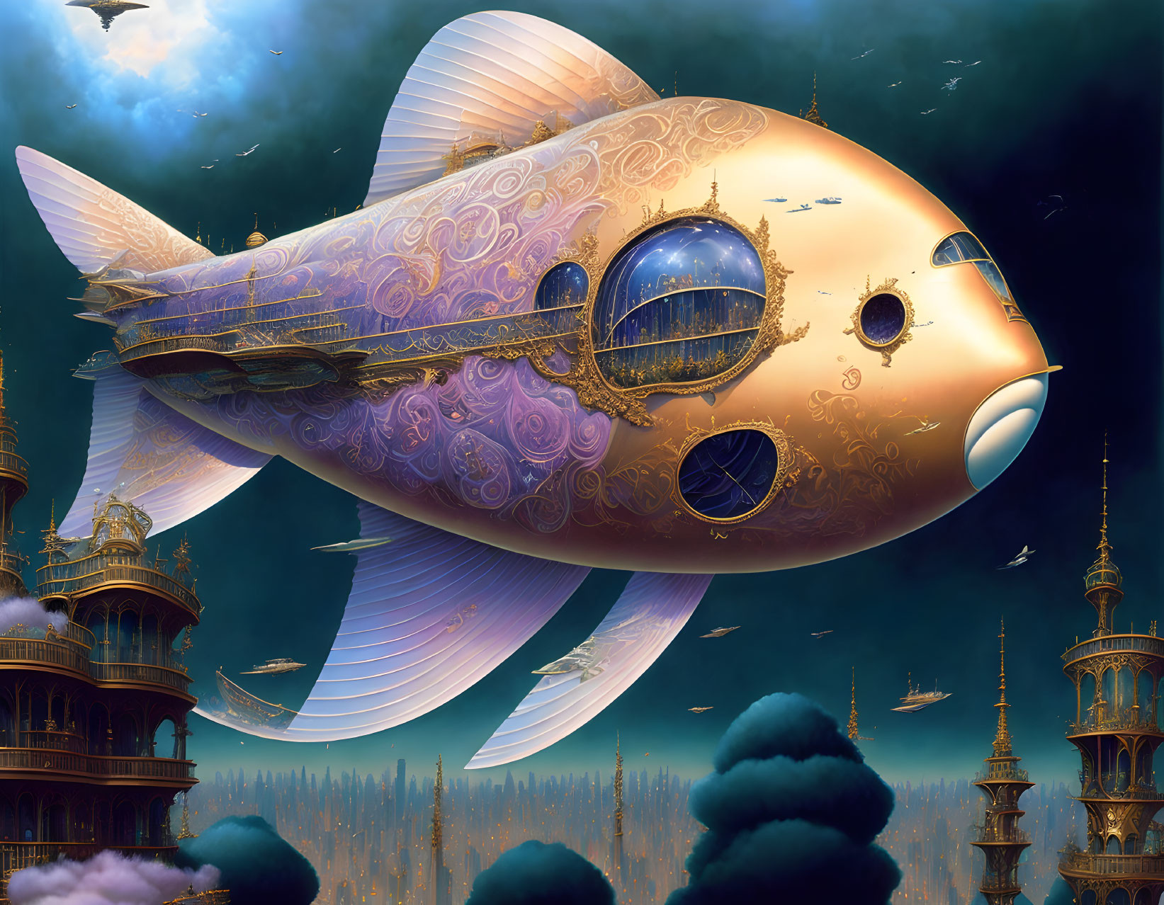 Ornate fish-shaped airship in fantastical sky cityscape