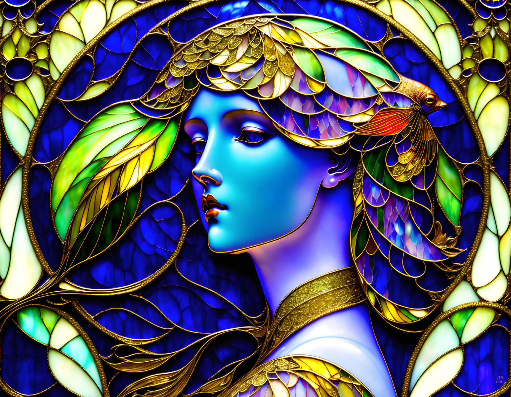 Colorful Woman Illustration with Blue Skin and Laurel Leaves