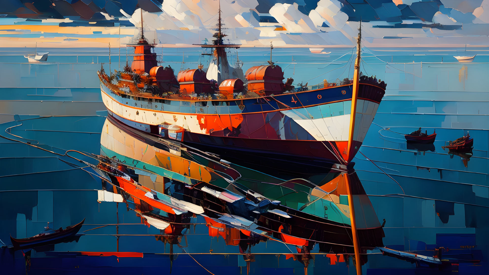 Colorful Cubist Painting of Ships in Harbor