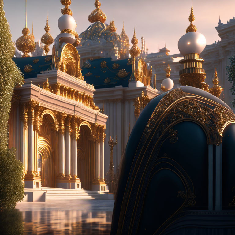 Luxurious fantasy palace with golden arches and ornate domes.