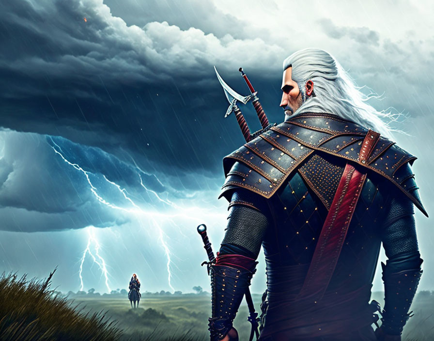 White-Haired Warrior with Sword Gazing at Distant Figure in Stormy Sky