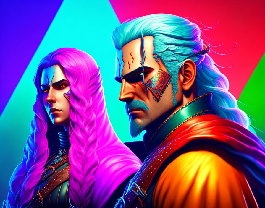 Vibrant hair and futuristic makeup on stylized characters in colorful geometric setting