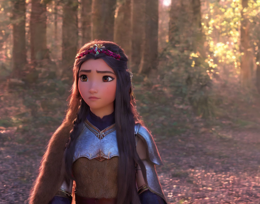 3D animated young female character in medieval armor with long hair in forest setting