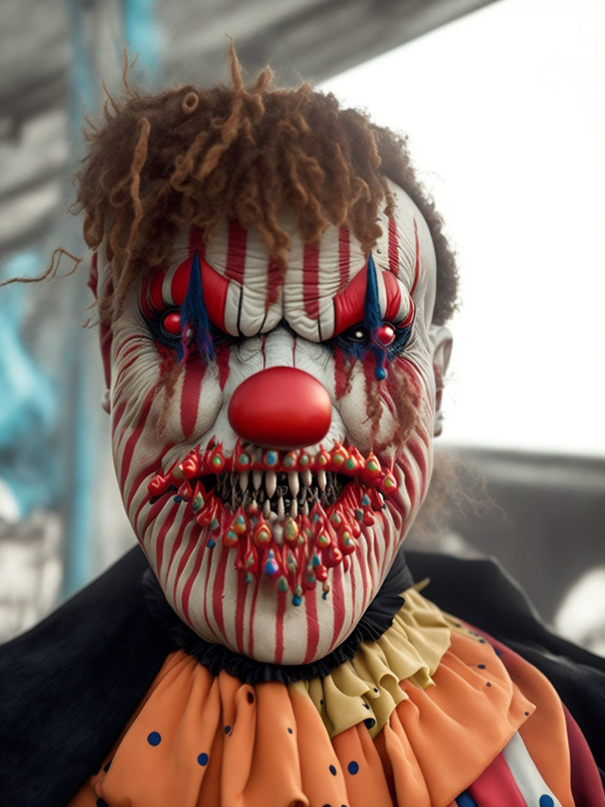 Grotesque clown with red nose and sharp teeth