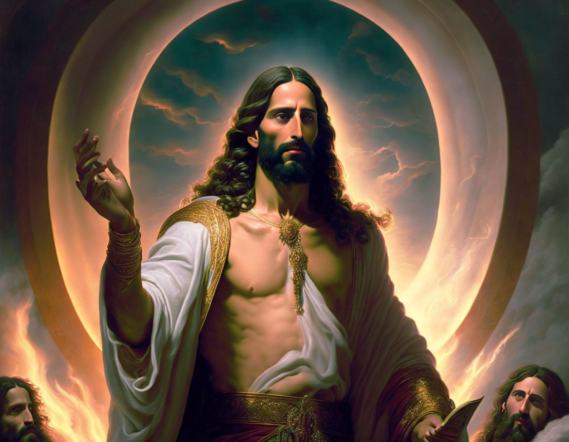 Symbolic Jesus Christ figure with open arms against dramatic cloudy backdrop