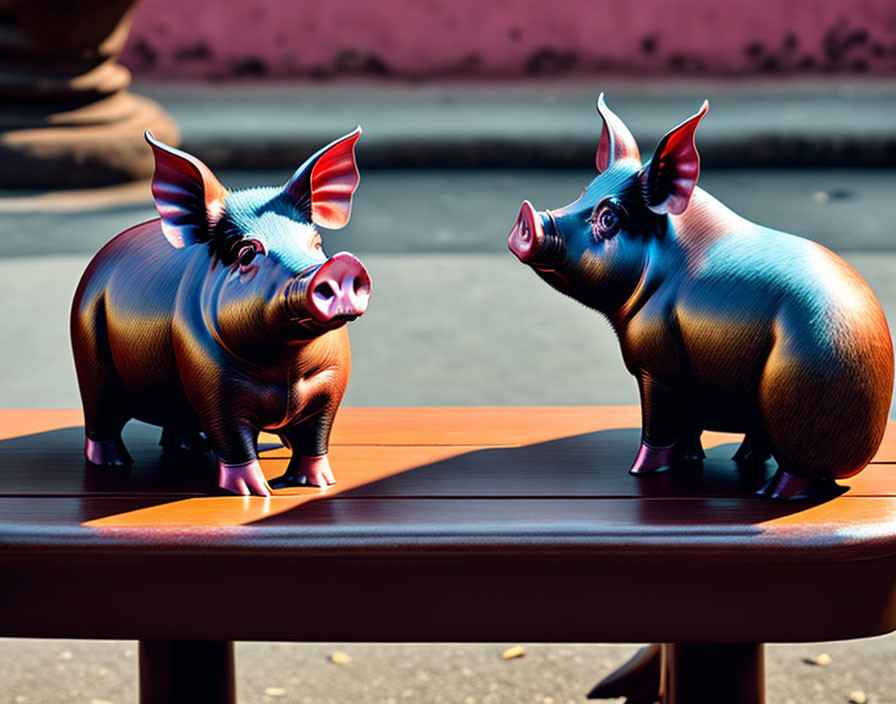 Metallic Pig Sculptures in Blue and Pink Hues on Wooden Table Outdoors