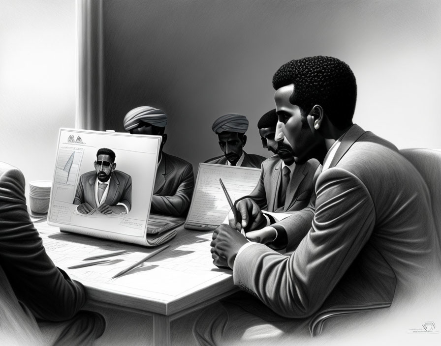 Monochrome illustration: Men in suits at meeting with laptops showing leader's image