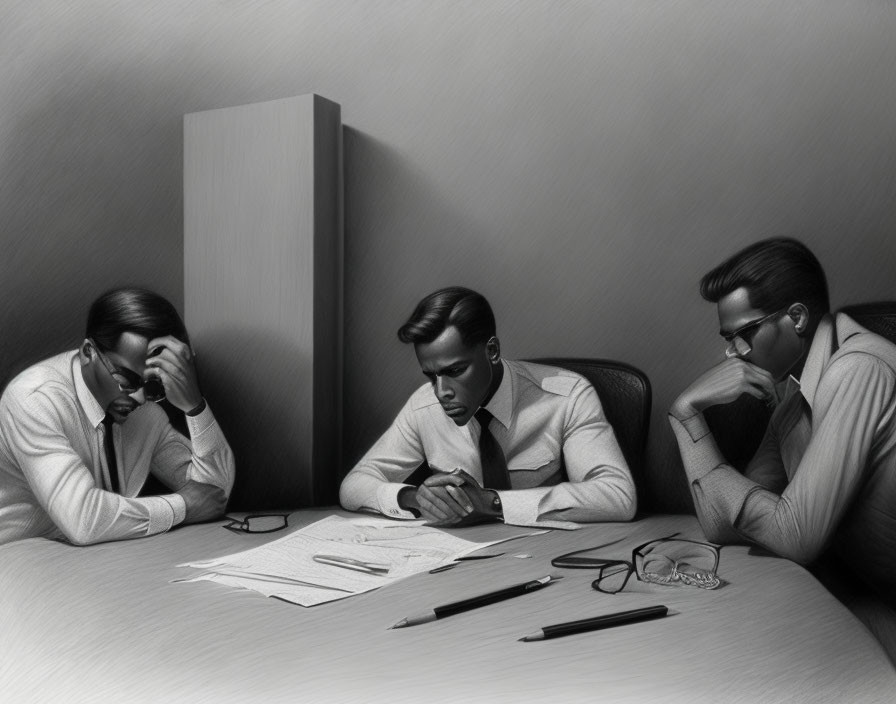 Businessmen in Suits Contemplating Documents at Table