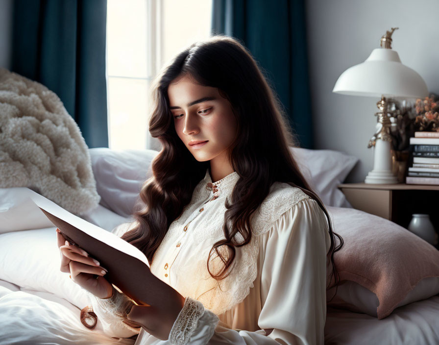 Woman with long dark hair reading by window in vintage blouse